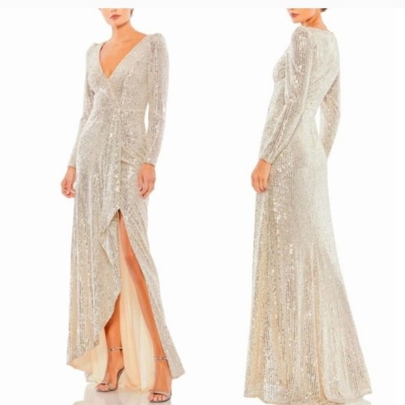 NEW IEENA Mac Duggal Sequin Evening Gown Dress Size 10 Silver Long Sleeve 26395 - Picture 1 of 8